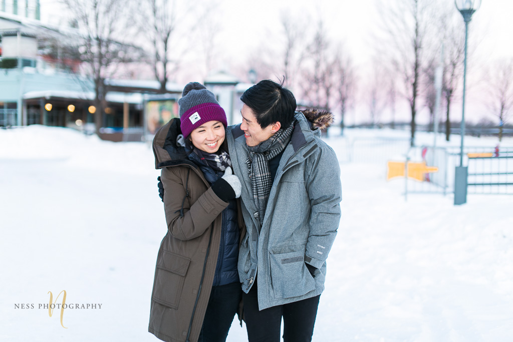 winter sunset engagement photoshoot in montreal old port 