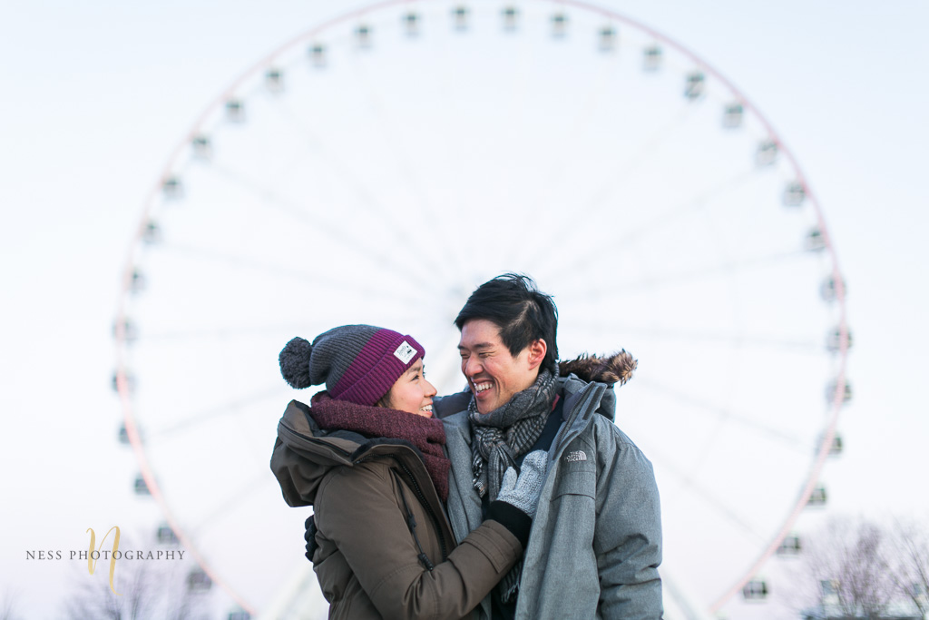 observation wheel winter sunset engagement photoshoot in montreal old port 