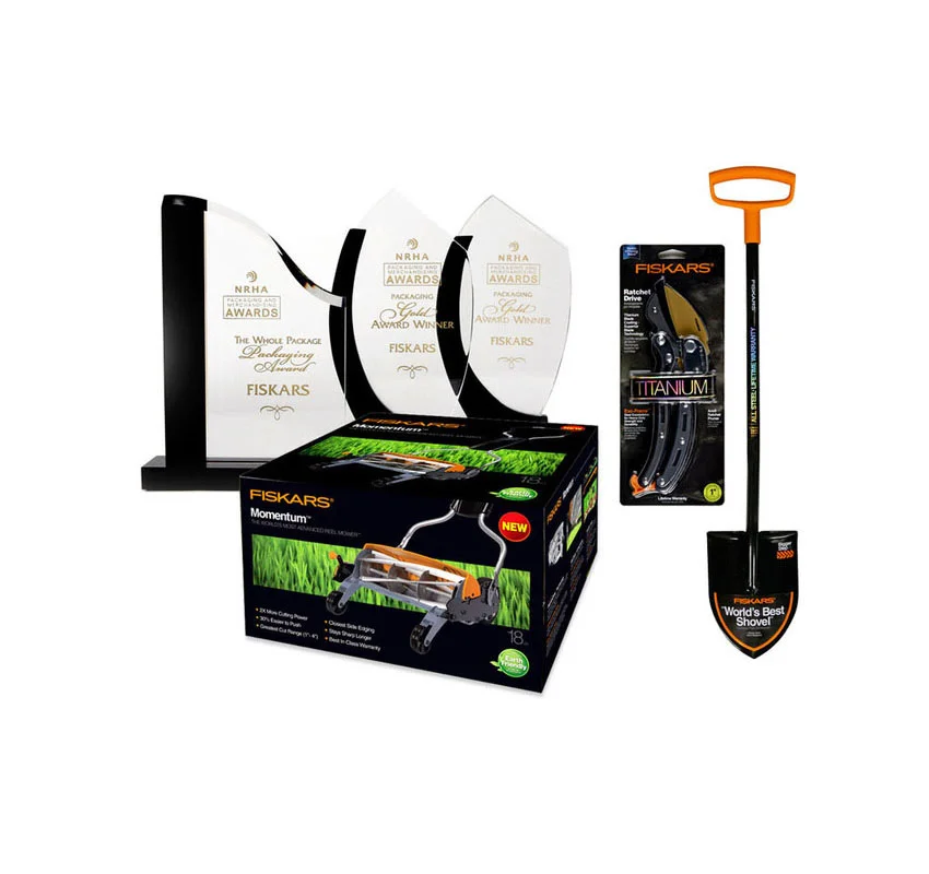 Fiskars Reel mower, Titanium series cutting tools, and shovels