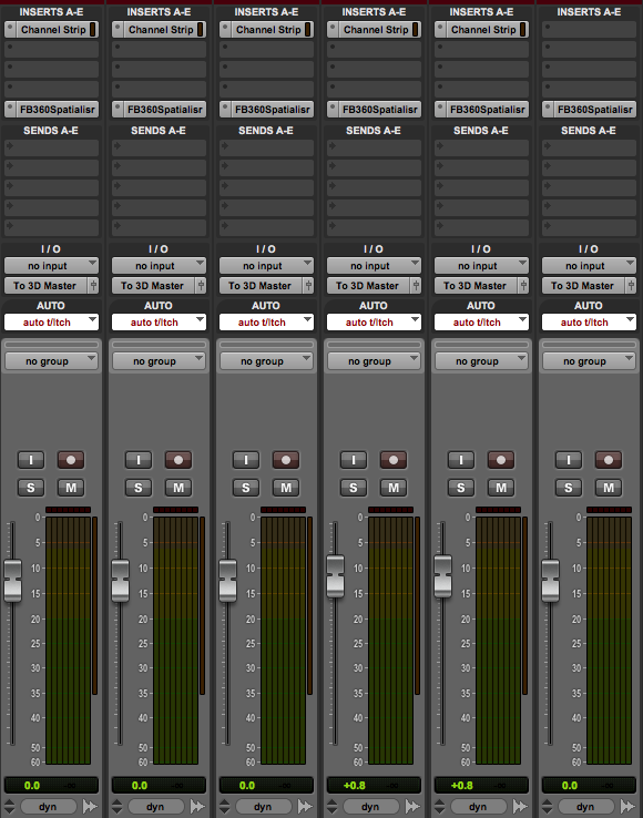 An instance of Audio 360 Spatialiser on each track. Note the tracks are in 7.1.