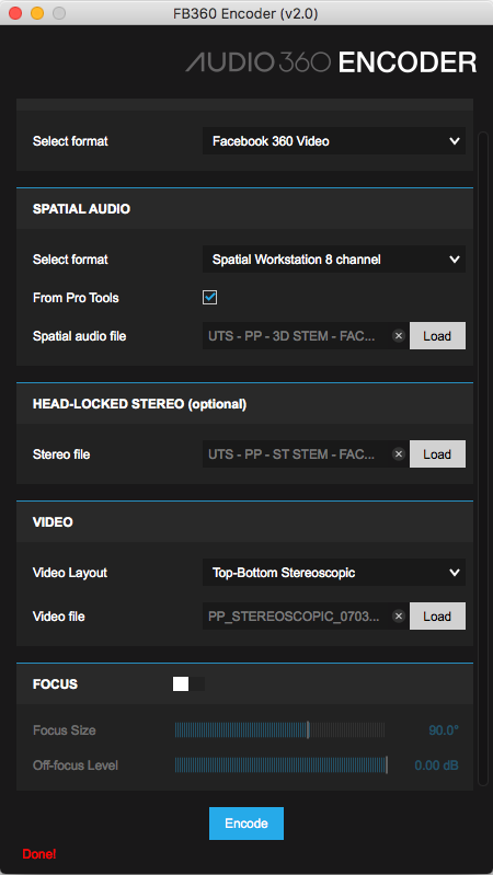Here you can see the various drop down dialogue boxes for adding each element of the 360 video/audio.