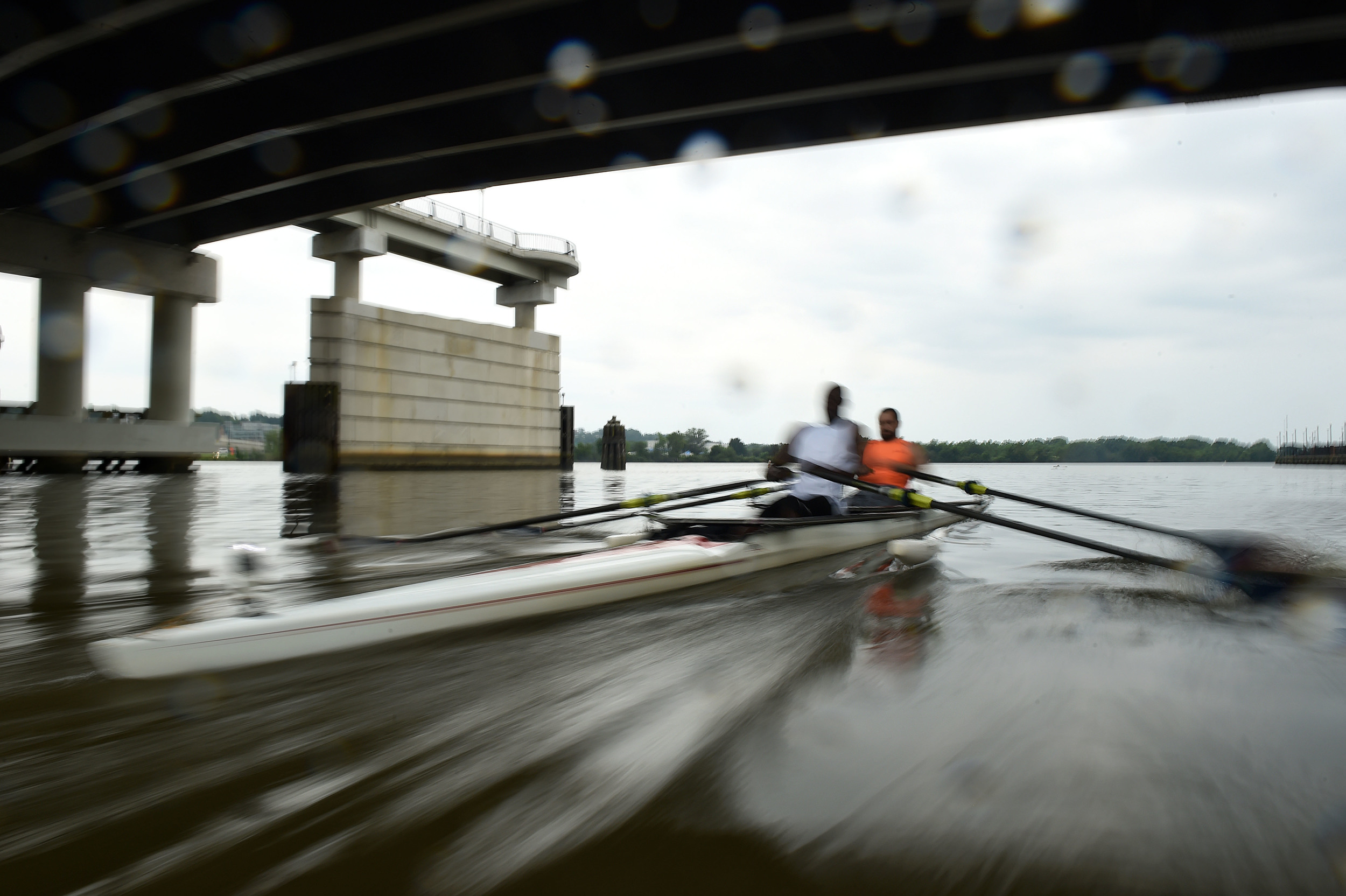  Ibrahim Onafeko, front, and his training partner rushes through the water while training on the Anacostia River Monday, June 27, 2016 in Washington D.C. Onafeko is a blind competitive row boater who hopes to represent Nigeria in the Paralympics. "Being blind would discourage some people, but I see it as a challenge," Onafeko said (Photo by Christian K. Lee/The Washington Post)&nbsp; 