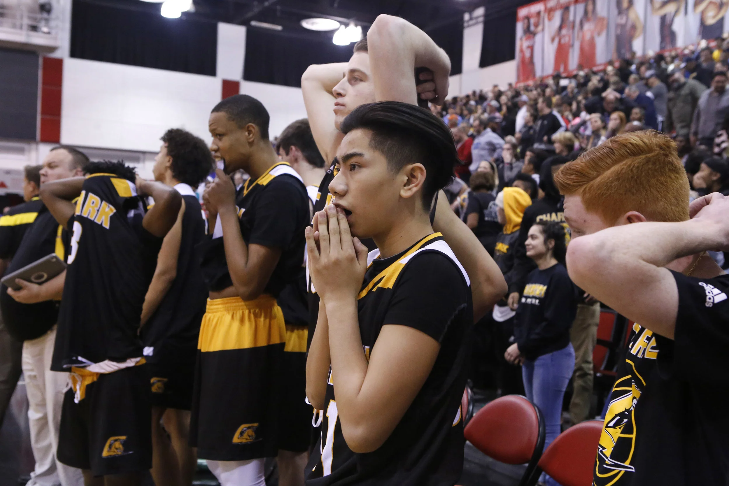  Clark players react after losing to Bishop Gorman in a Class 4A boys state championship game at the Cox Pavilion on Friday, Feb. 24, 2017, in Las Vegas. Clark loss 62-58. (Christian K. Lee/Las Vegas Review-Journal)&nbsp; 