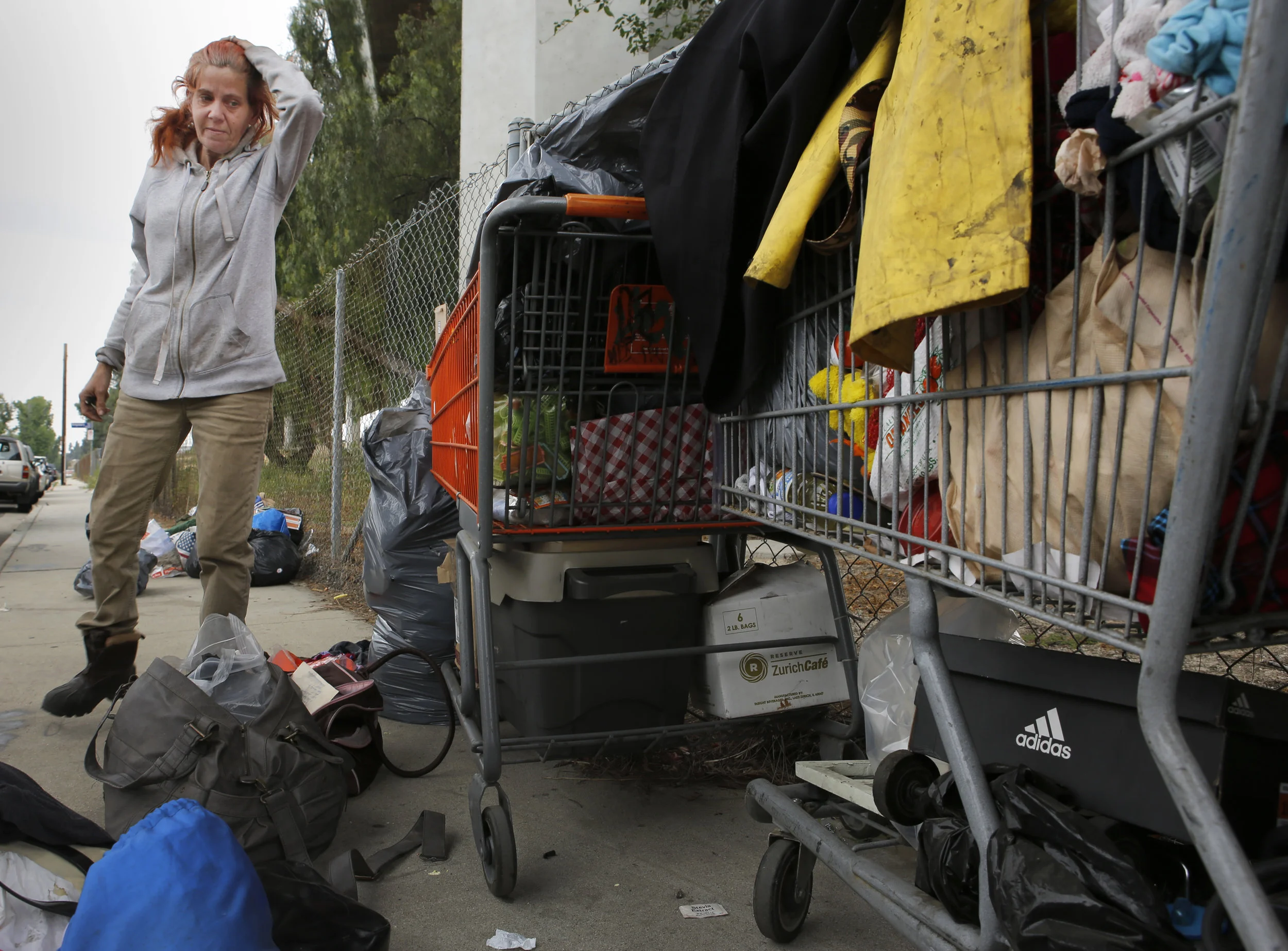  Jeannine Tantin, 50, pauses as she clears out her possessions from a homeless encampment in Mission Hills, CA on Tuesday, May 9, 2017.&nbsp; Sanitation crews has cleaned over 16,500 areas such as hers since 2015.&nbsp; (Christian K. Lee/ Los Angeles