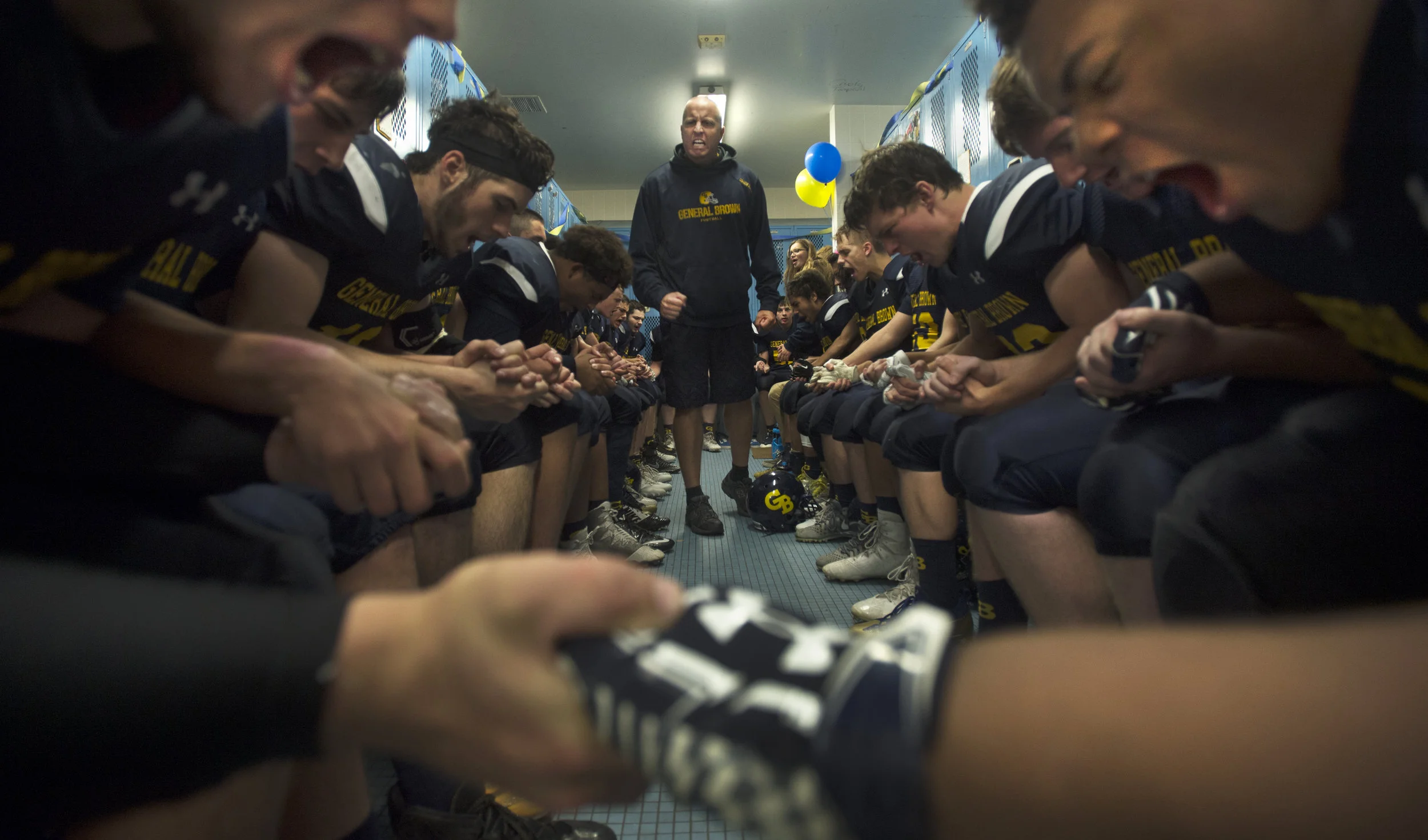  General Brown's headcoach pumps up his players during halftime of a high school football game at General Brown High School on Friday, Oct. 6 2017 in Dexter, New York. (Christian K. Lee/ Watertown Daily Times) 