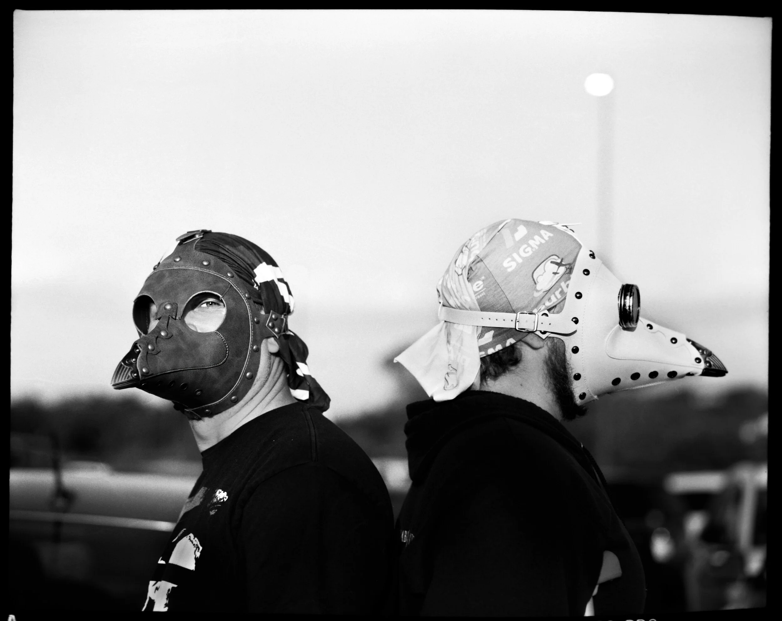  Scott Maschek, 43, left, and his brother Anthony Maschek, 37, pause for a portrait outside of HEB grocery store in Harker Heights, Tx on April 14, 2020. “People are wearing medical masks and they are creating a sense of fear why not wear something that creates enjoyment,” Scott said. 