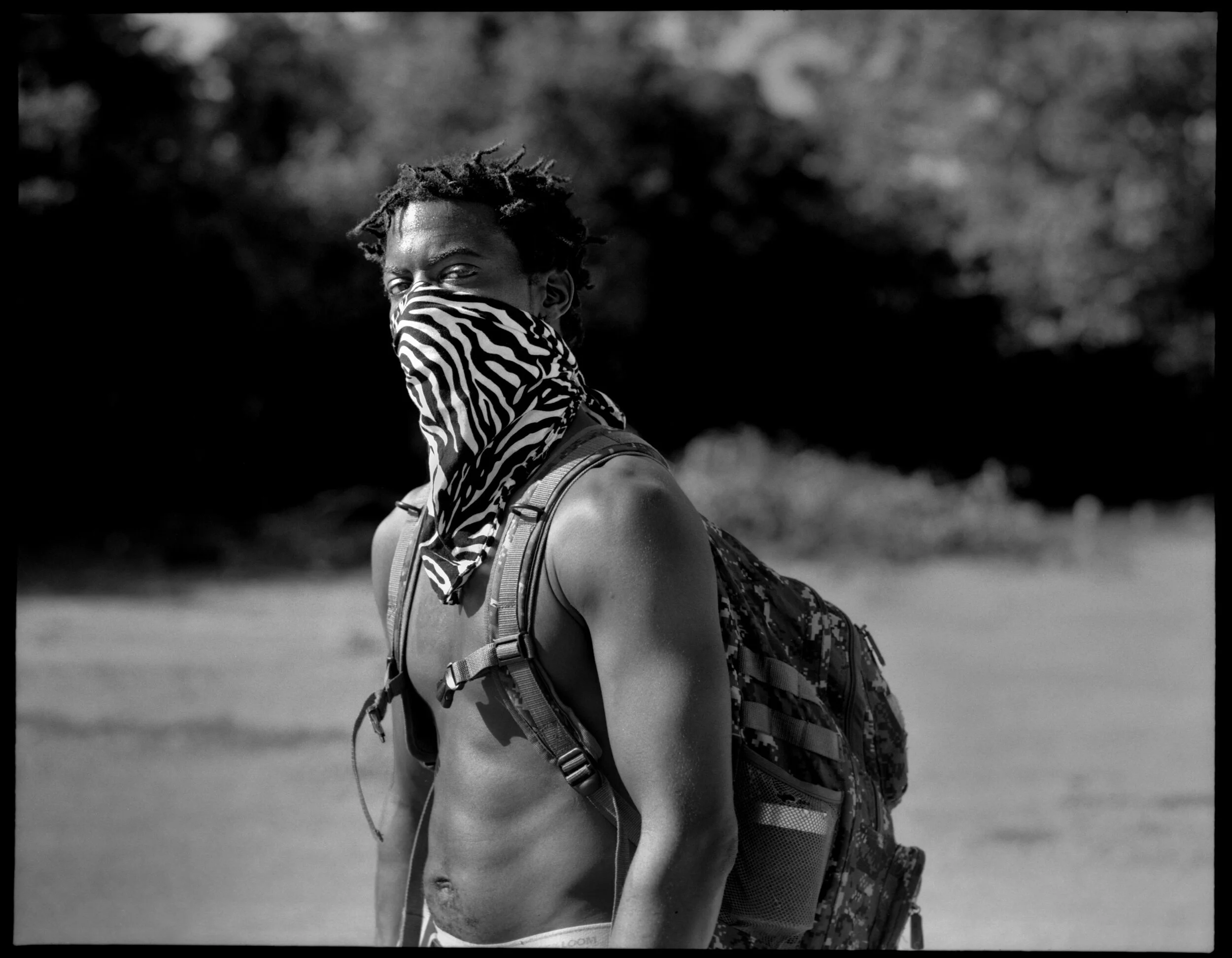  Antwoine Walker, 35, who refers to himself as booqbaag, wears a zebra printed handkerchief to protect himself from the COVID-19 virus in Kileen, Tx on Thursday, April 23, 2020. 