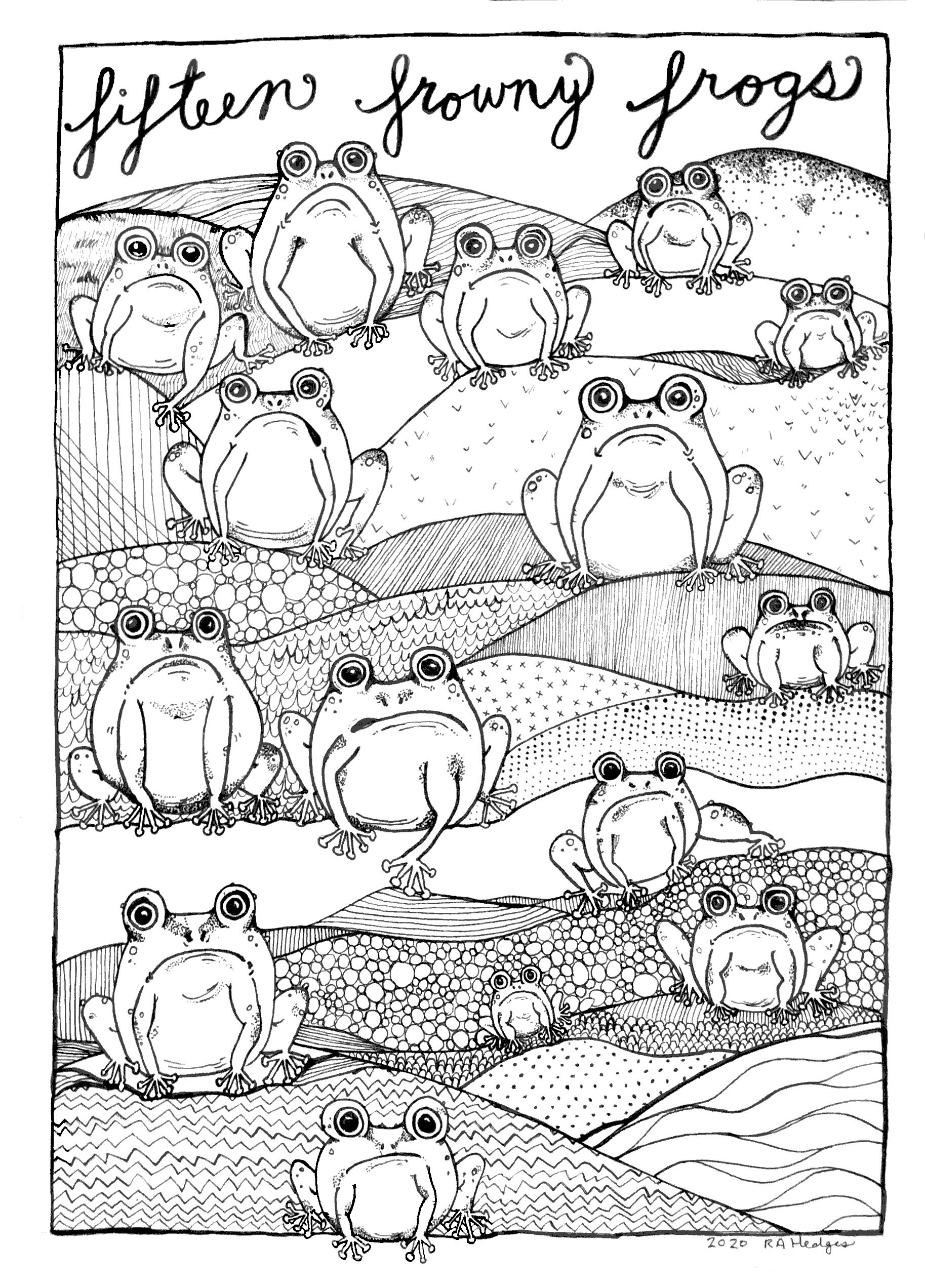 Fifteen Frowny Frogs Coloring Page
