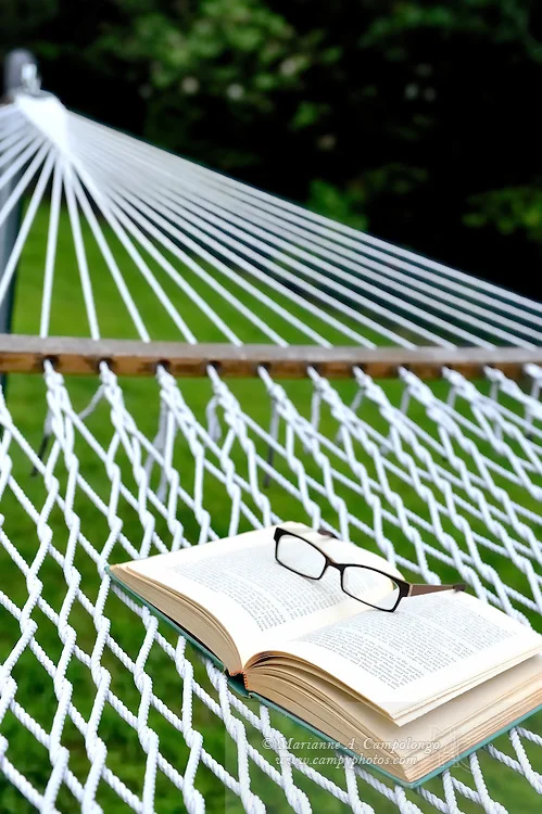 Summer reading: glasses and book on hammock