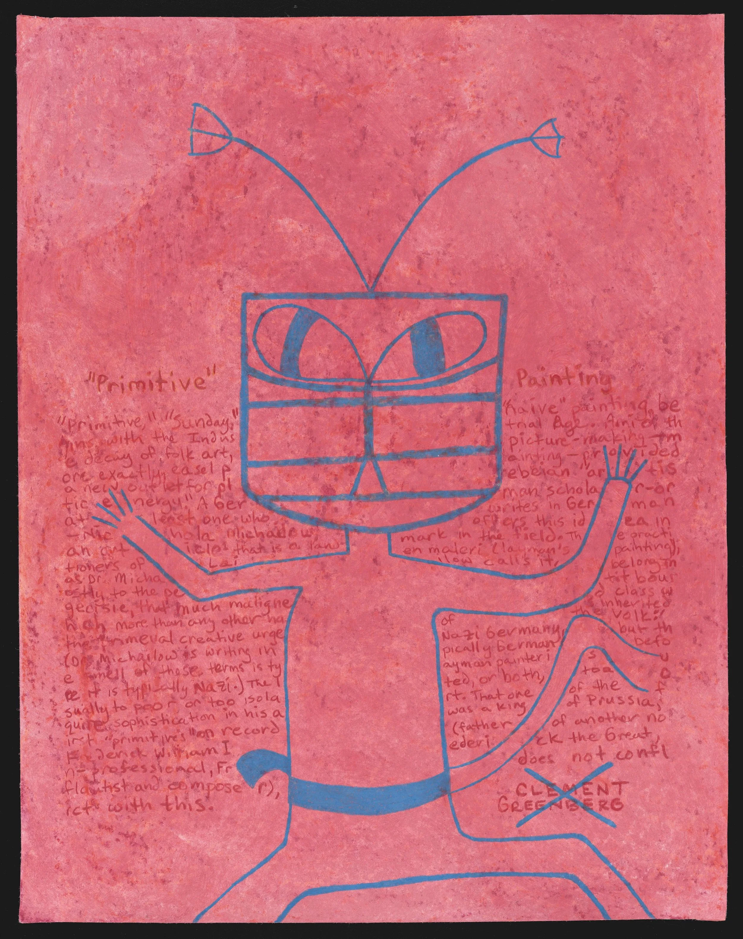 The Primitives’ Revenge (Clement Greenberg, “’Primitive’ Painting,” 1942, 1958), 2018, watercolor pastel and colored pencil on paper, 14" x 18"