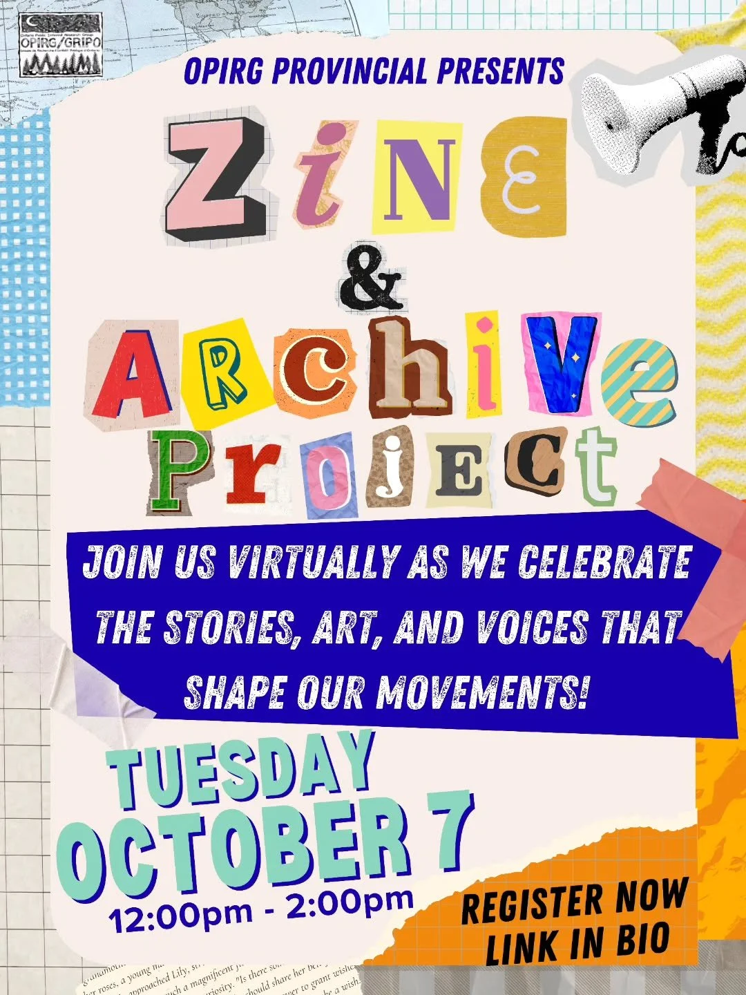 OPIRG Provincial invites you to our virtual Zine &amp; Archive Project project (ZAP) launch on Tuesday October 7th from 12:00 to 2:00 p.m. E.T. Please register at the LinkTree in our bio. 

This event will kick off our Zine &amp; Archive Project, a p