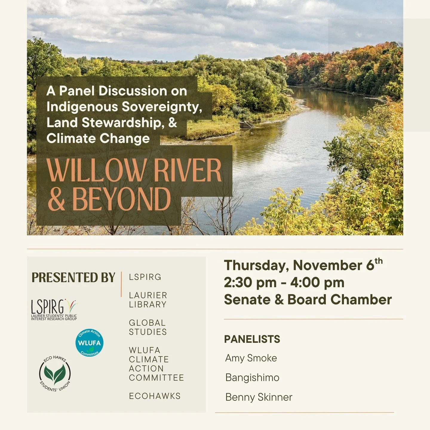 Willow River and Beyond: A Panel Discussion on Indigenous Sovereignty, Land Stewardship and Climate Change

We are thrilled to be bringing incredible Two-Spirit and IndigiQueer local leaders to campus: Amy Smoke, Benny Skinner and Bangishimo! Stay tu