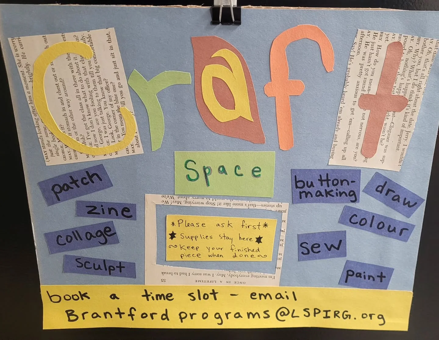 Did you know you can book a time to craft at the Brantford-LSPIRG office? Come alone or invite some friends to patch, zine, collage, sculpt, button-make, draw, colour, sew, or paint. DM us here to get in touch with Angela and ask 'about crafts' ~