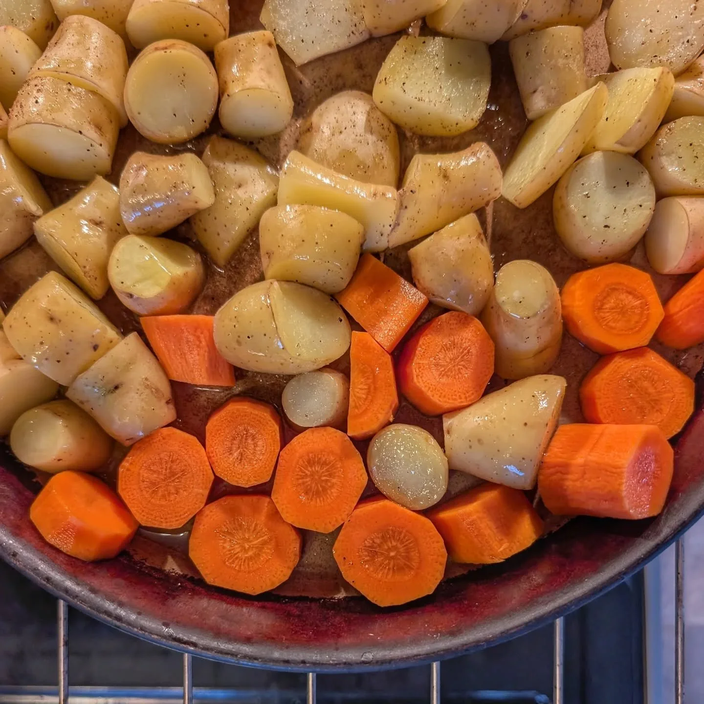 Again - just wash, cut, and throw onto a sheet pan with some olive oil, salt &amp; pepper.  Cook at 400 degrees until soft, with golden brown sides.  Carrots cooked this way are incredibly sweet!  This makes a delicious side dish, just add a dollop o