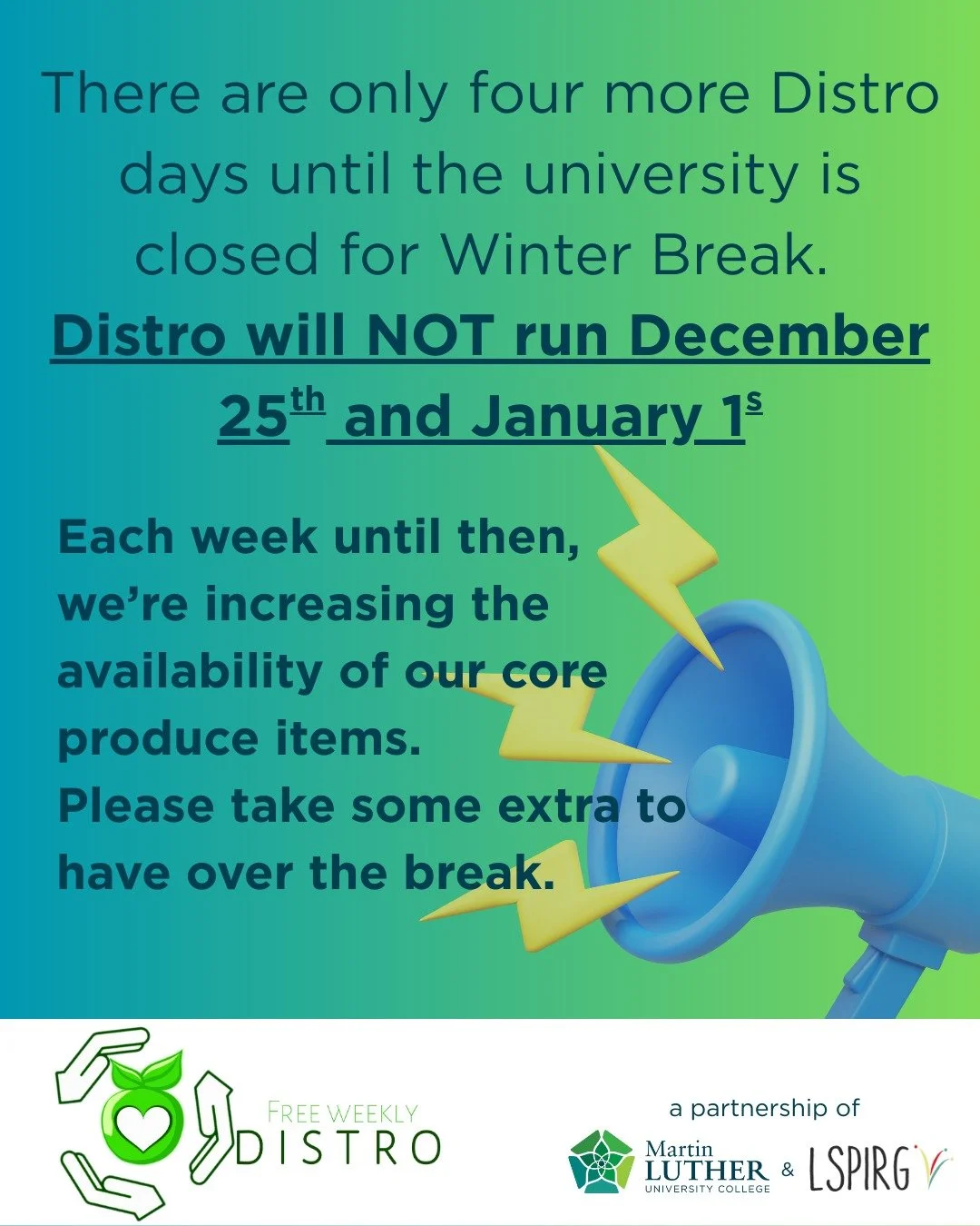 HOLIDAY CLOSURE - This year, the statutory holidays of both Christmas Day and New Year's Day fall on a Thursday. 
As the university will be closed, Distro will not run on these two days (Dec 25 and Jan 31). 
Over the next few weeks, we will have more