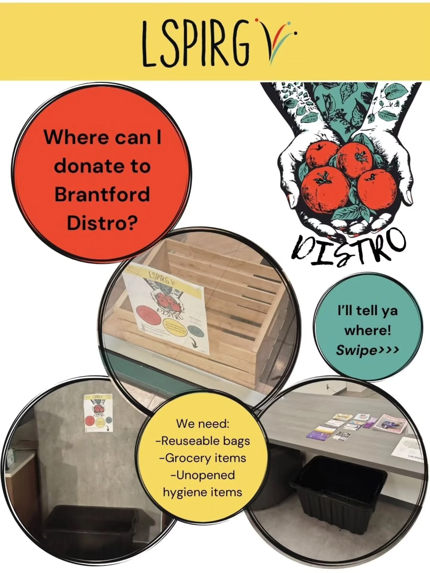 Brantford Distro donation bins are now open for business!! We're requesting your reuseable bags, non perishable grocery items, and unopened hygiene items to give to students experiencing food insecurity on campus. You can find these bins somewhere co