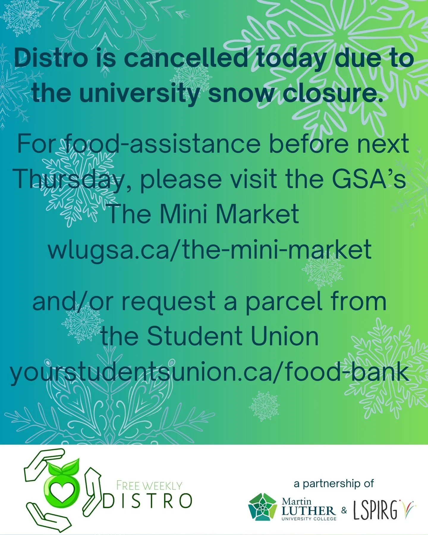 Hi Distro family! 
Sorry we're not open today, but when the university is closed, so are we. Safety first :) 
If you need some food help before Distro next Thursday (January 22nd) - please remember that there are two other great programs on campus. 
