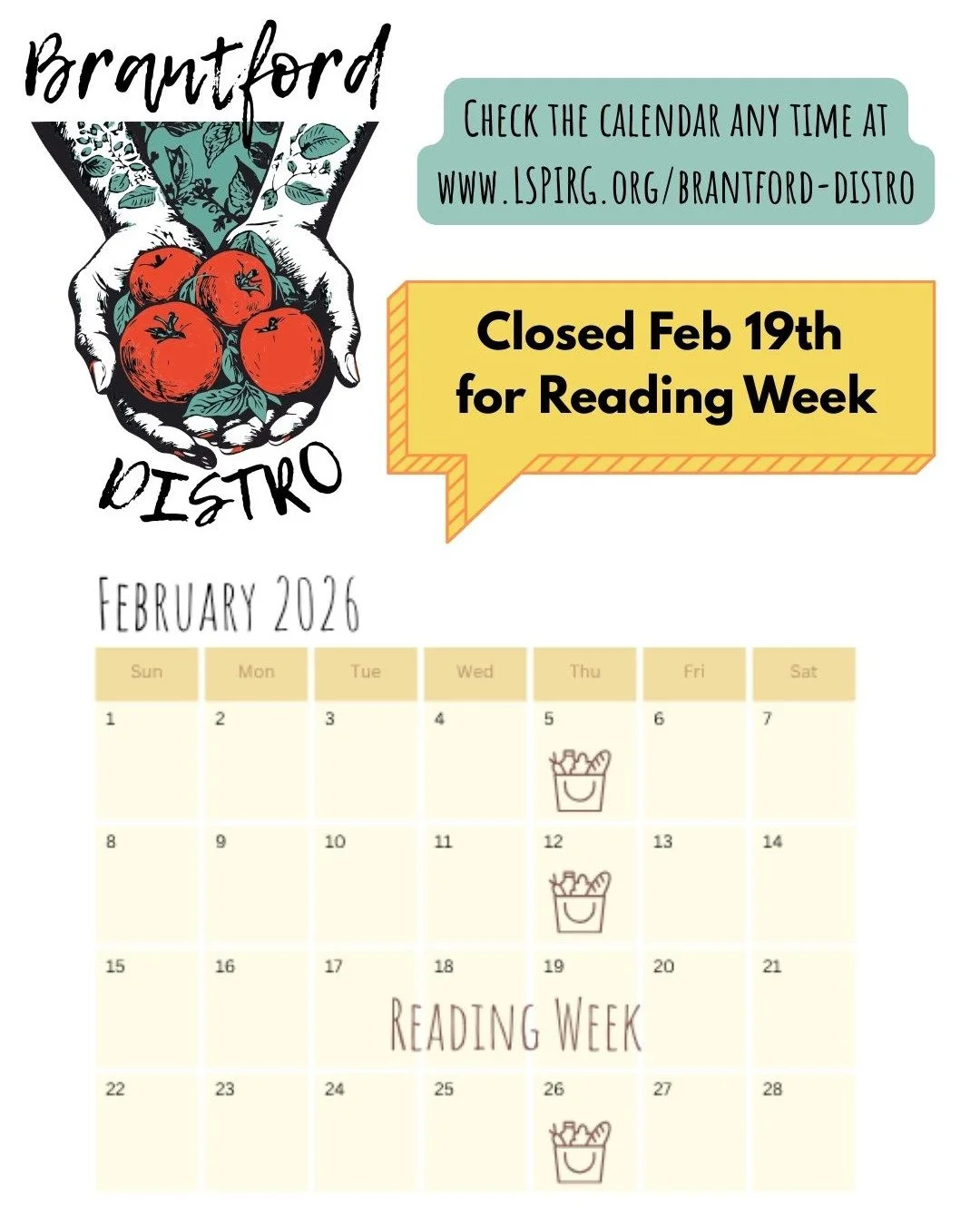 Brantford Distro will close Feb 16-20th for reading week. We'll resume Feb 26th as usual, offering free weekly groceries for students on Thursdays 1-5pm.