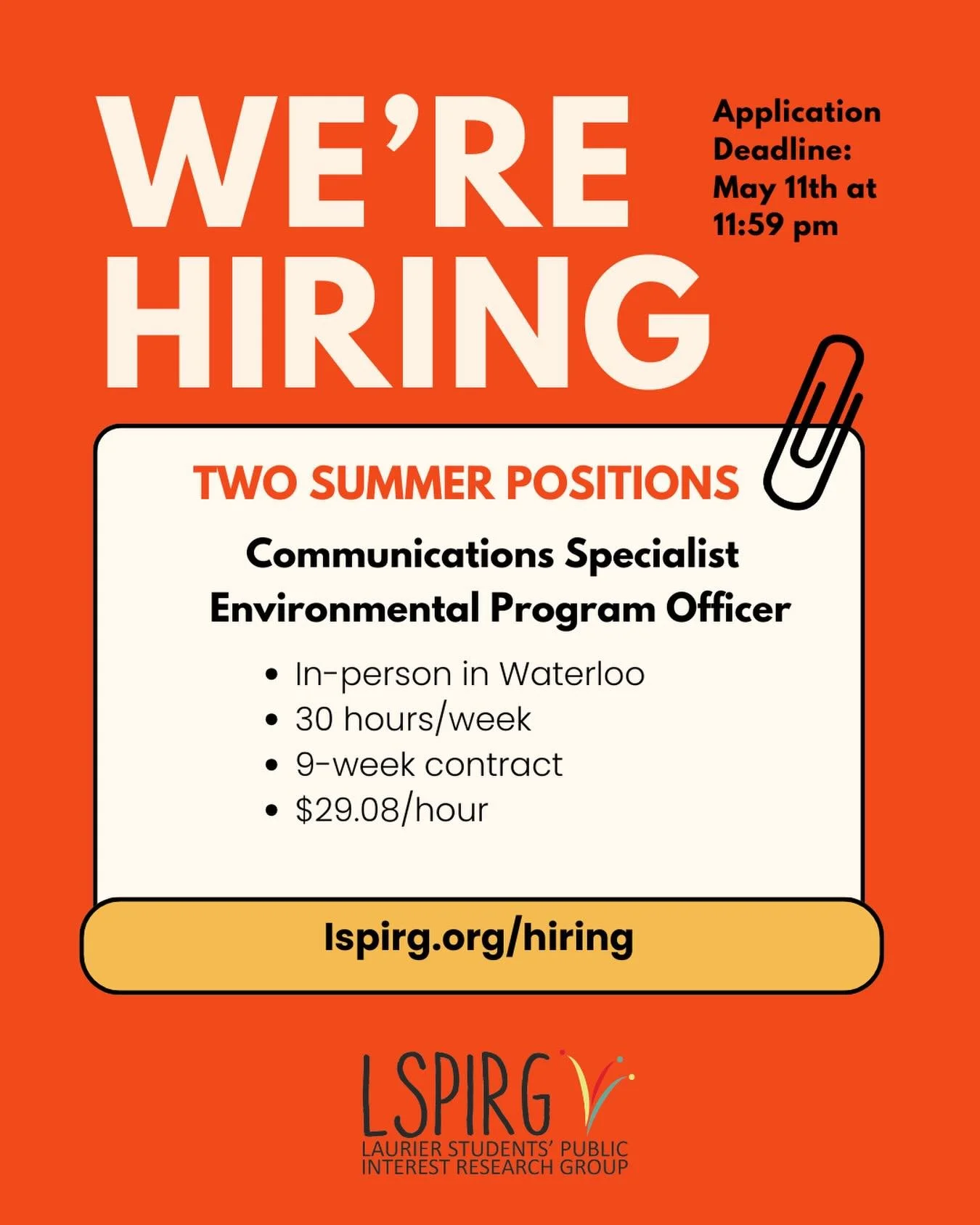 We are so excited to be bringing on two summer staff to support our work on Waterloo campus this season! 

We are hiring a Communications Specialist and an Environmental Program Officer. Both positions are 30 hours a week for 9 weeks, paying $29.08 a
