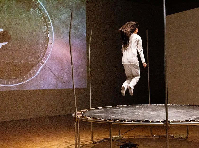 In Trampoline House: Memory Drawing Series , Xie transforms a playground into a stage of temporal disintegration. Drawing from children’s games and the rawness of construction site materials, this durational performance collapses the boundaries bet