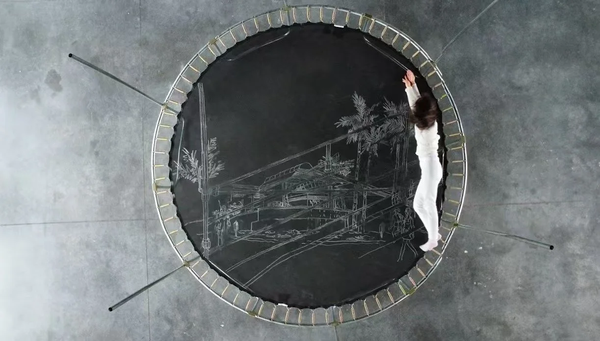  The chalk drawing combines my grandfather’s late 1950s architectural renderings with my observational scaffolding sketches of DTLA. Through the movement of jumping, rolling, and playing on the trampoline, the chalk drawing gradually disappears. 