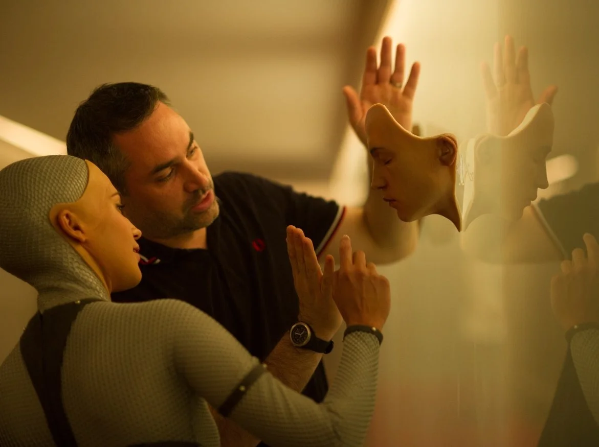 Alicia Vikander & Alex Garland on the set of EX MACHINA
