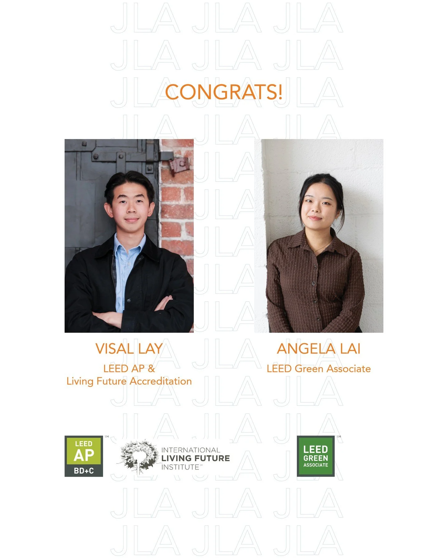 At JLA, we value continued learning and growth. 
Congrats to our team members Visal, for earning his LEED AP Building Design + Construction and Living Future Accreditation, and Angela, for achieving her LEED Green Associate! 
These milestones refle