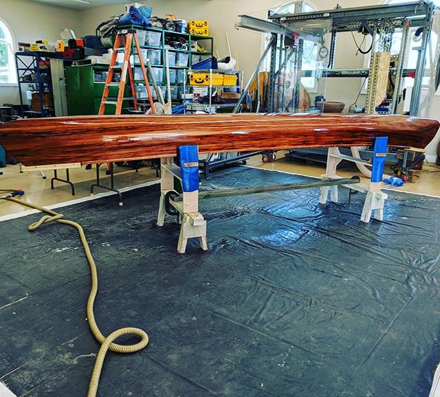 She floats! Stew's canoe is (never/nearly) finished. #stripcanoe #woodworking #boatbuilding
