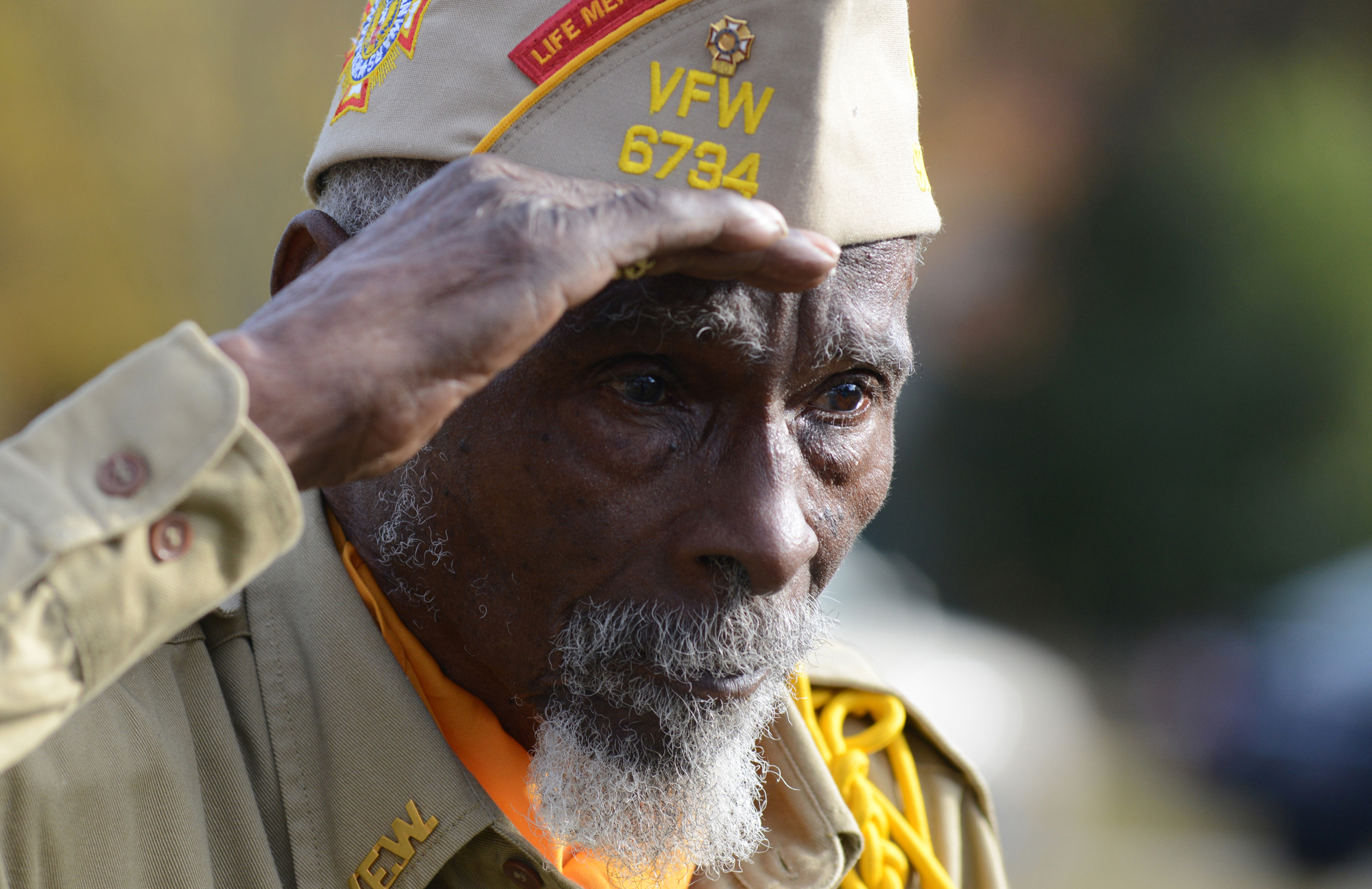  Tomie Gaines, a Buffalo Soldier, salutes during a Veterans Day Ceremony at the Historic Richland Cemetery. 