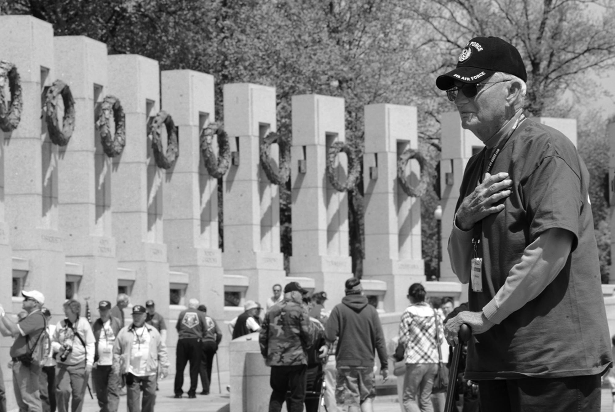  Fred Rector, who served in the army air corps, stands in the World War II Memorial in Washington, D.C., during an Upstate Honor Flight trip on Tuesday, April 20, 2010. Rector was shot down and captured by the Germans in Europe during the war. 
