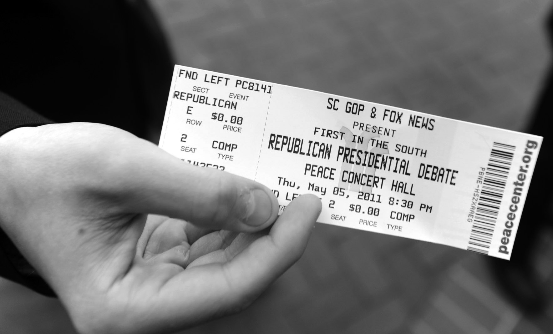  A ticket for the South Carolina republican presidential debate is presented at the Peace Center in Greenville, S.C. 