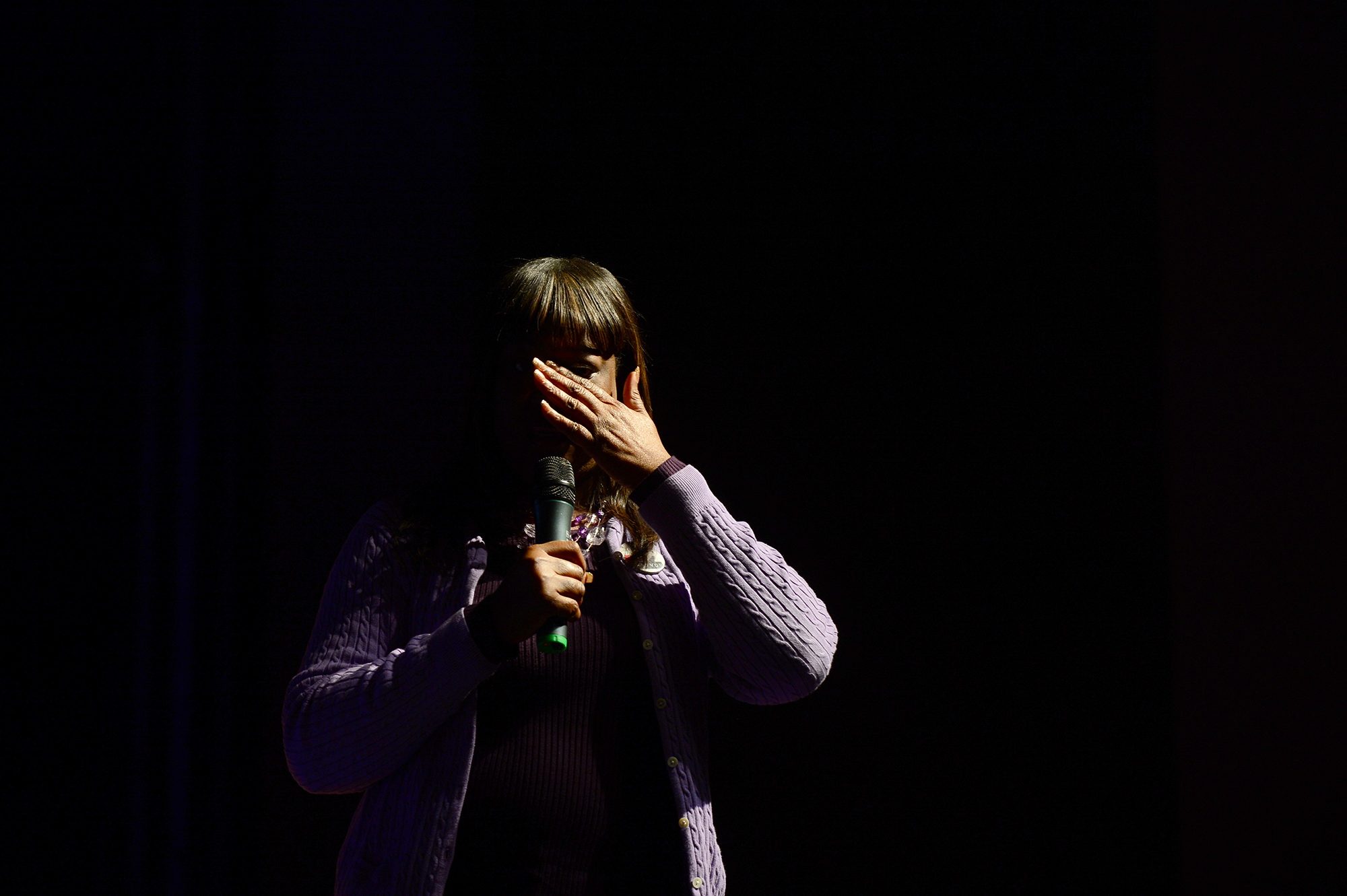 Sybrina Fulton, mother of Trayvon Martin, wipes away a tear while speaking during the 34th annual Dr. Martin Luther King Jr Commemorative Service called Honest Conversations: Listen. Reflect. Act. Progress. at Clemson University's Brooks Center.
