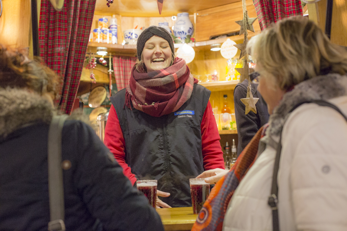 Jason's cousin Mareike working at the Christmas Market selling warm drinks. 