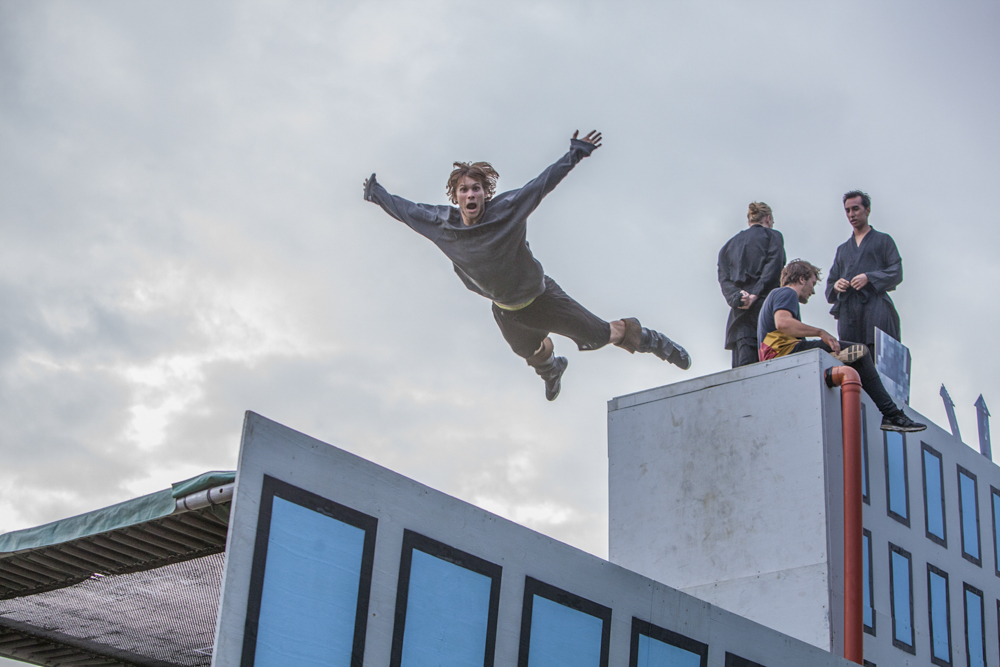 Pasha the boss jumping on the trampoline on the train. 