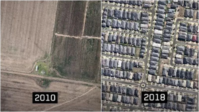 An aerial image of Point Cook's population spike over eight years. (9NEWS/Near Maps)