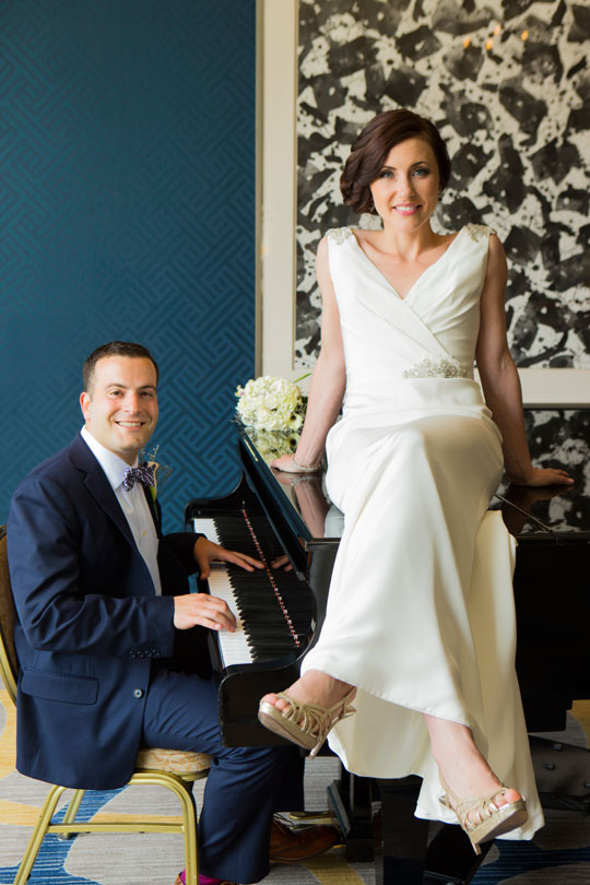The bride is wearing the Marilyn wedding gown - silk sheath Old-Hollywood style wedding dress by Trish Lee. 