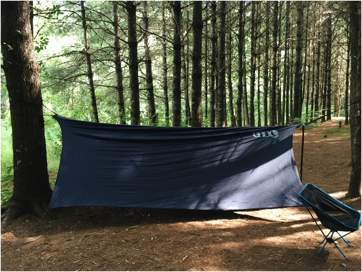 Elizabeth's hammock with my rain fly. I didn't quite realize how large my rainfly was until we set it up. It proved to come in handy for porch mode, which you'll see later!