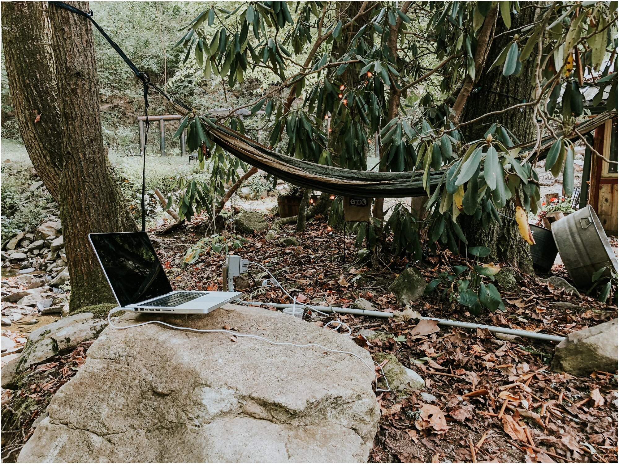  Once we got back from vacay, it was time for mini sessions at the Camp at Buffalo Mountain! Matt, one of the owners, set me up with the best work spot- hammock + electric + wifi + babbling stream.  
