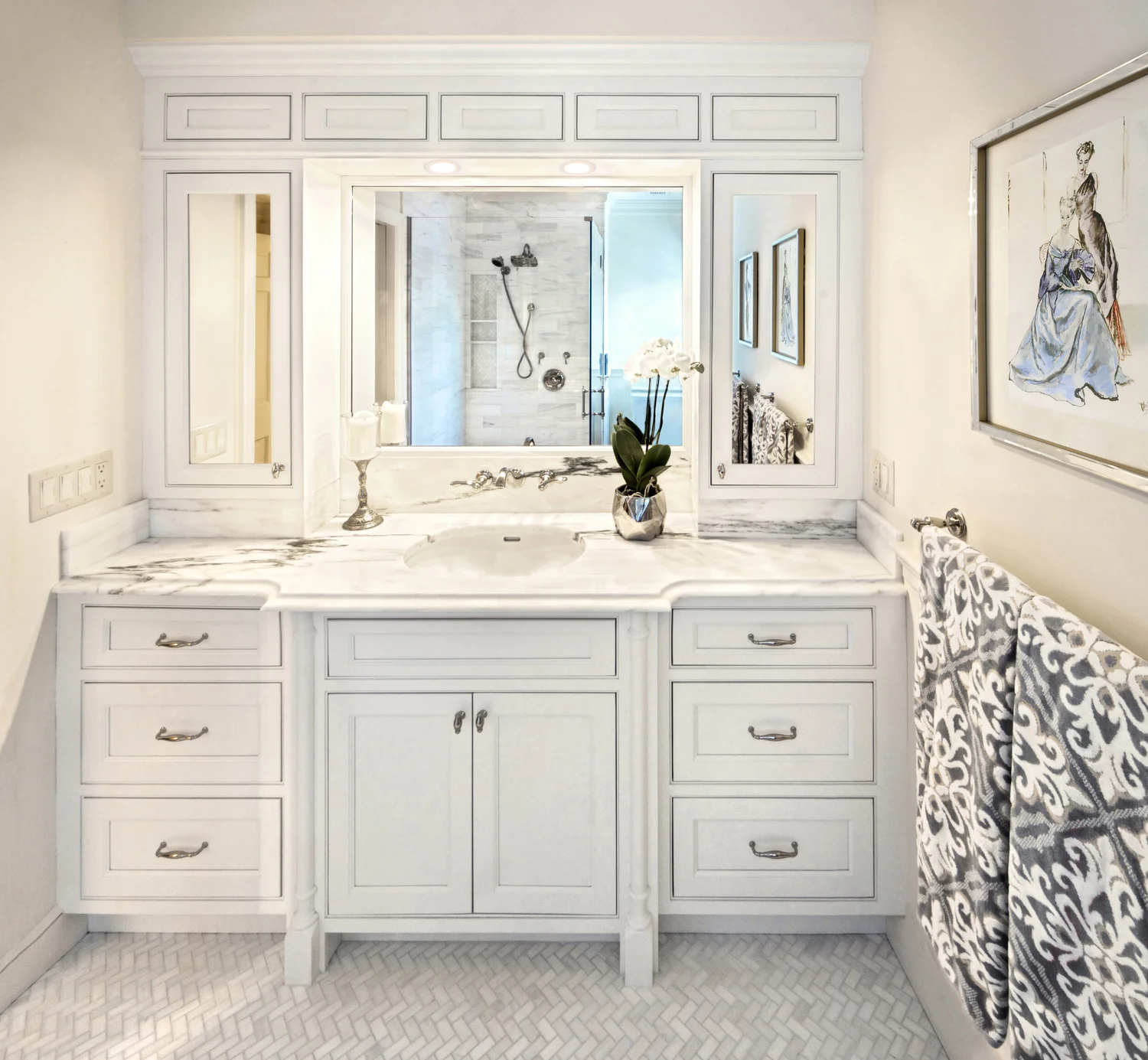 Formal French Master Bath | Vanity View with Shower in reflection | Cat. 7 Bath over $60,000 | 2020 EM NARI CotY Awards.jpg