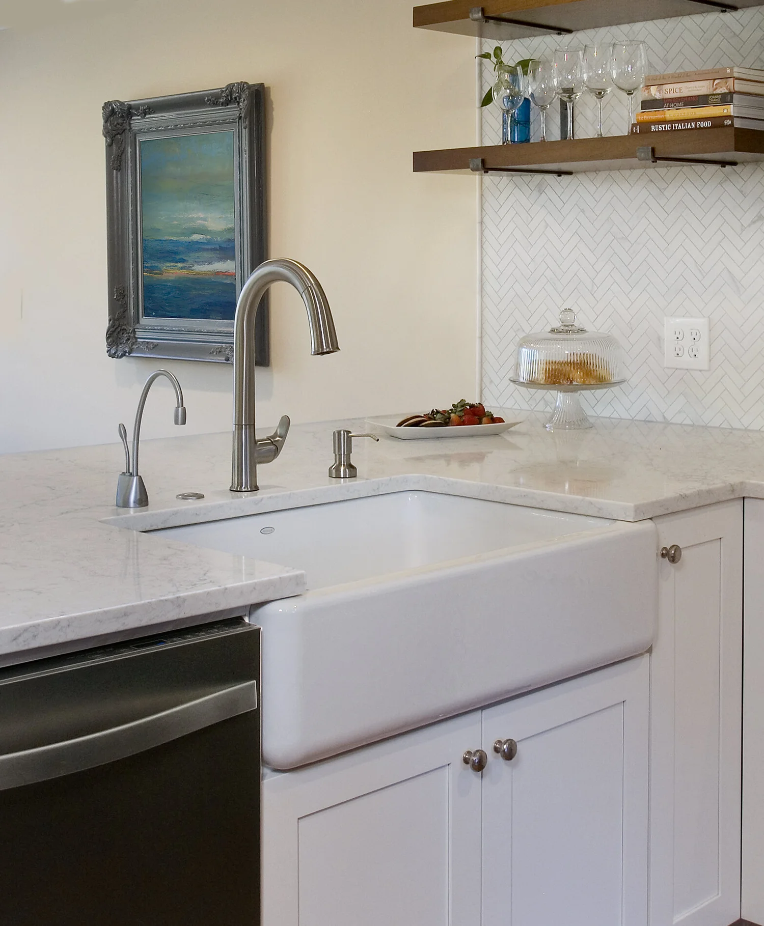 Wellesley kitchen remodel with open shelving for displaying items and easy access.