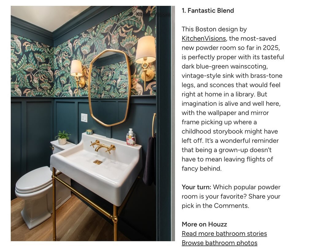 #1 Saved Powder Room on @Houzz in 2025! Congratulations team KV. Our Teal Tropics powder room in Sudbury took top honors. Thank you to our wonderful clients and project partners. Thank you @Houzz.

Design: @kitchenvisions
Contractor: @chicanhelp Crea