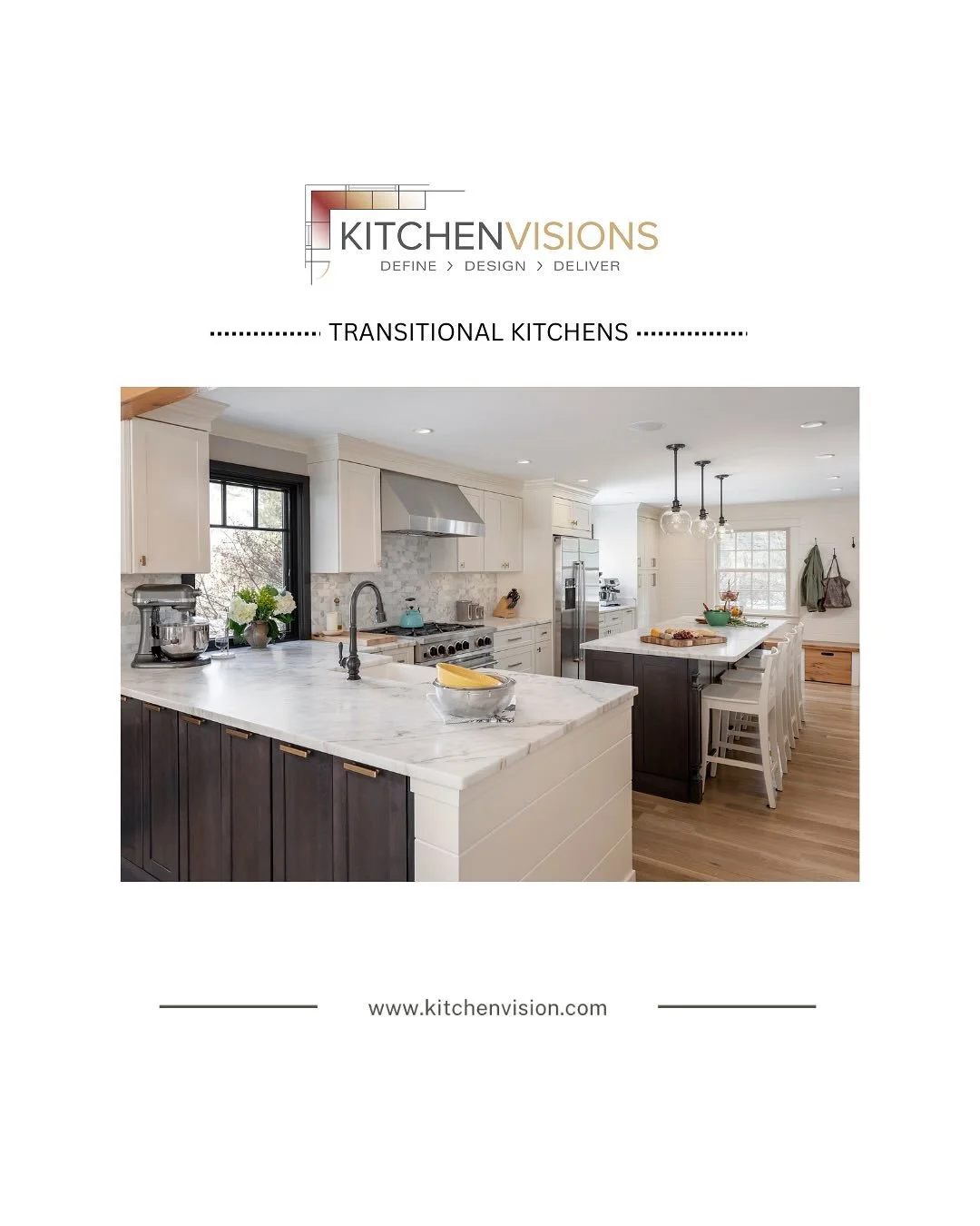 TIMELESS KITCHENS | Transitional Style&gt; Read more about how we blend modern elements with traditional characteristics on our blog (link in bio). Neutral palettes, natural materials like wood and stone, and beautiful light fixtures combine to creat