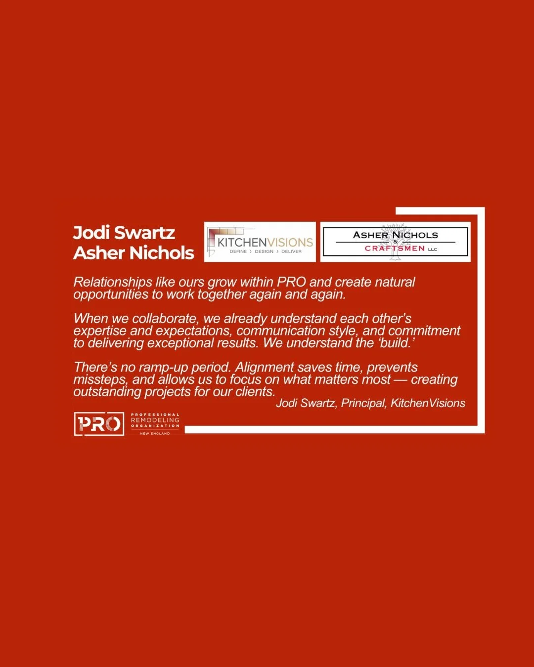 THE ROI of PRO | PRO NE board member Jodi Swartz, Founder and Principal of KitchenVisions shared her experience collaborating with other PRO NE members - in this case, Asher Nichols @ashernicholscraftsmen. Both attended the @pro_new_england The ROI o