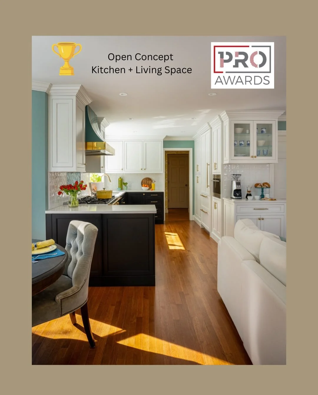 GOLD! 2026 PRO Awards Gold Winner for Open Concept Kitchen + Living Space - Polished Open Concept from the team of Asher Nichols &amp; Craftsmen + KitchenVisions

(1) Polished Open Concept Kitchen - Brookline
Photo: @sabrinacolequinn
Styling: cmack20
