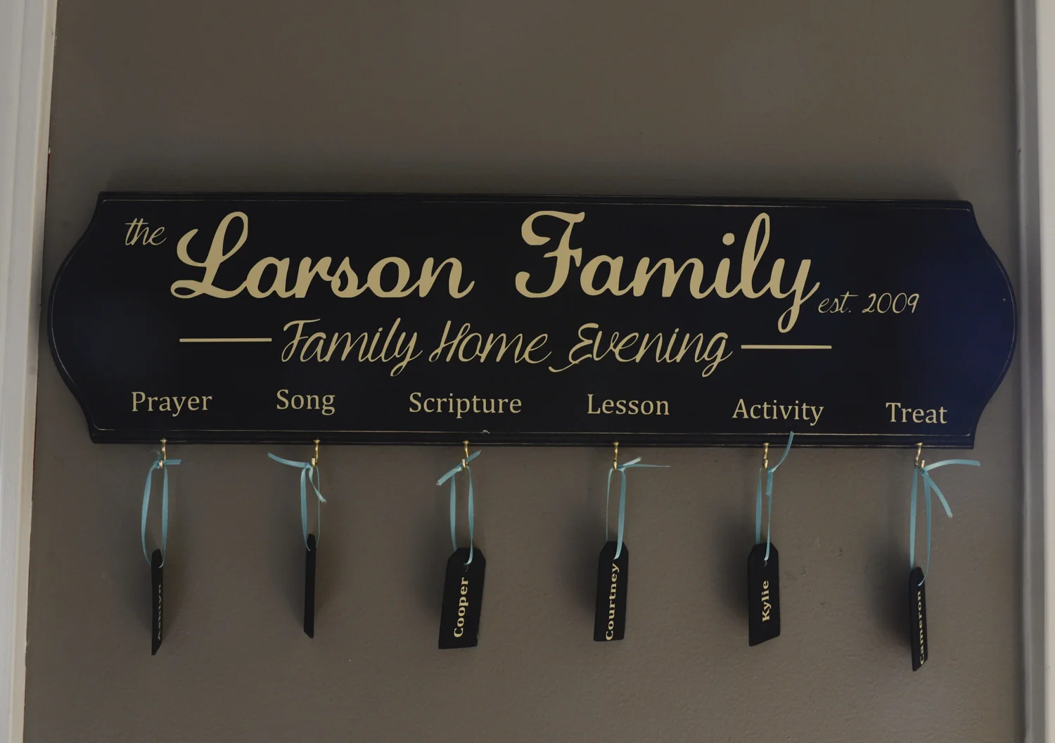 The Larson family practices the Mormon religion. The Family Home Evening is held every Monday night starting with prayer, singing a church song, reading a scripture, a church related lesson, followed by a game and treat in order to create bonding time for the family while learning about their religion. 