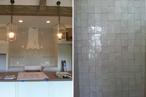 work in progress at maison zen glam, which is done now, but i haven't taken professional photos, yet. foundation brick in a herringbone pattern in the kitchen and idris moroccan style tile in the master shower!!!