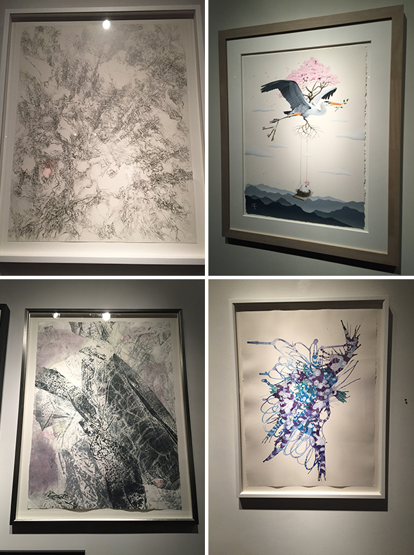 upper left, "i do not paint a novel...i draw poetry" by valentina custer o'roark, upper right, "above and beyond" by thomas turner, lower left, "zgubna postac III" by anna kenar, and lower right, "cluster" by allusion parker-shockley
