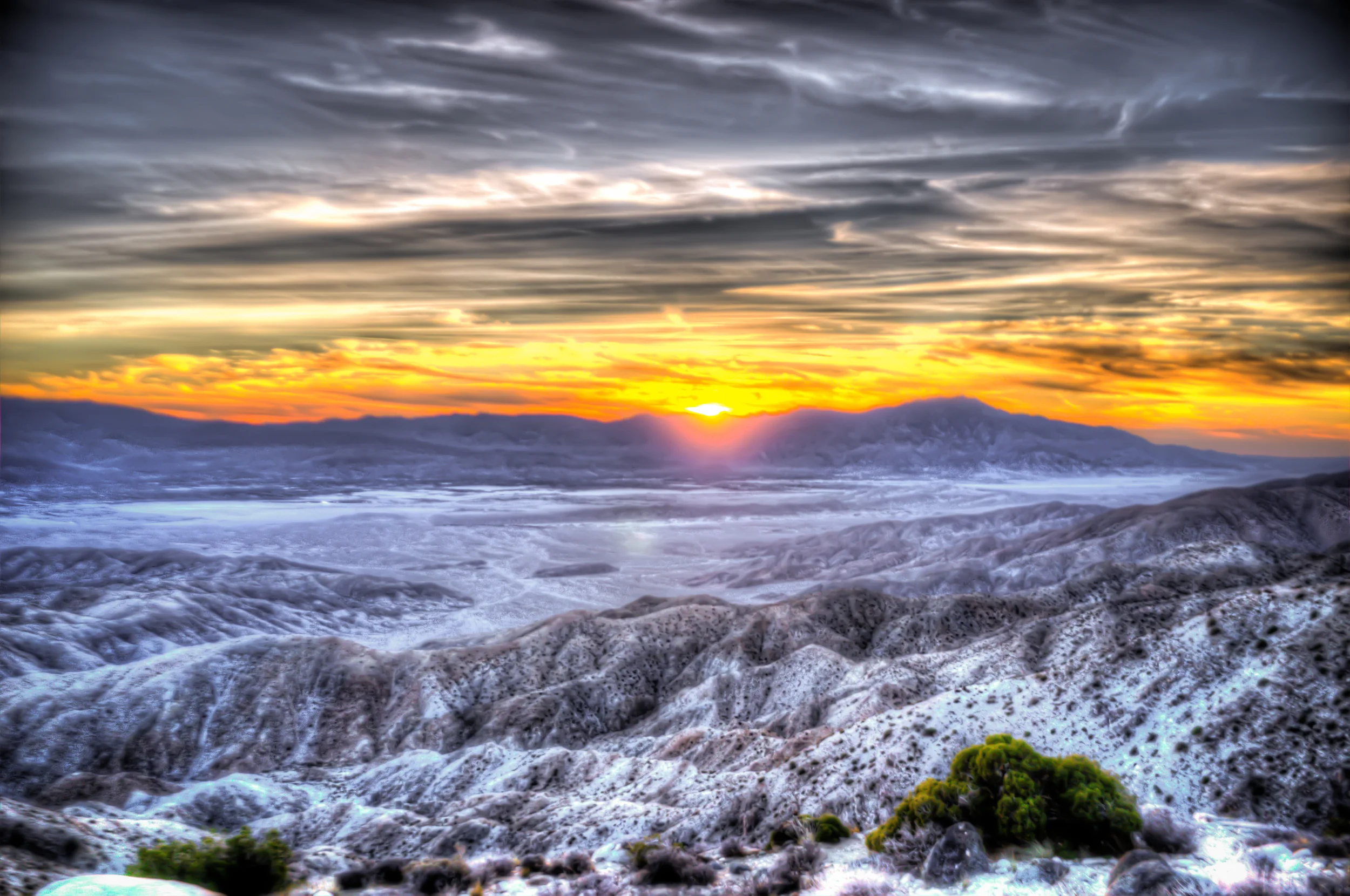  Sun setting over the cold desert of Joshua Tree 
