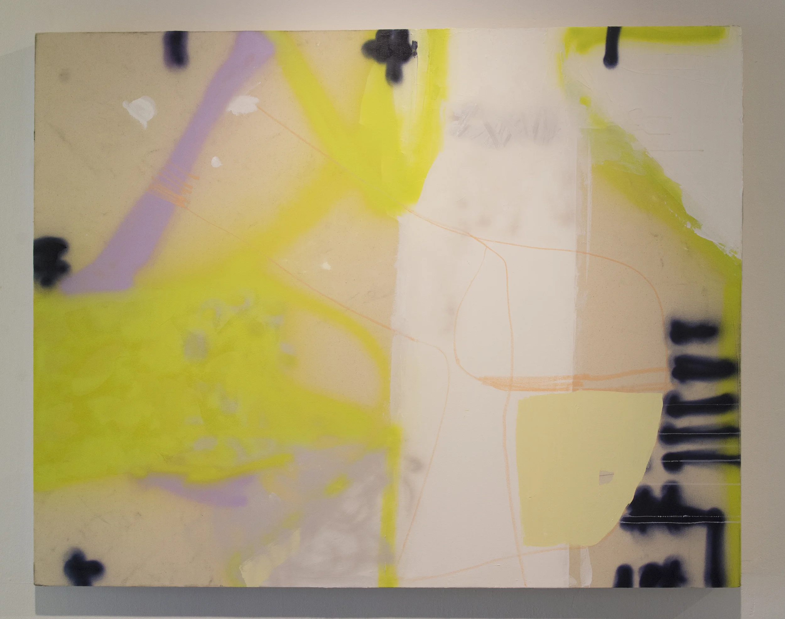   untitled , 2014, acrylic, house paint, oil pastel, gesso on canvas, 36 x 48 inches 