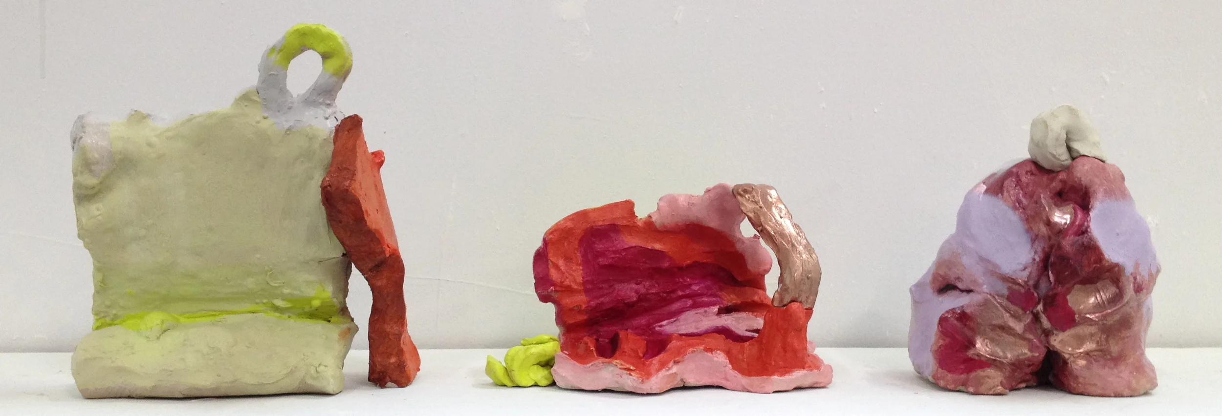   3 amigos , 2014, oil, acrylic, spray paint, shellac, glue on air dry clay, 8 x 5 x 22 inches&nbsp; 